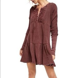 Free People FP One Jolene Thermal Mini Dress Dusty Plum S Waffle Cotton‎ Swing